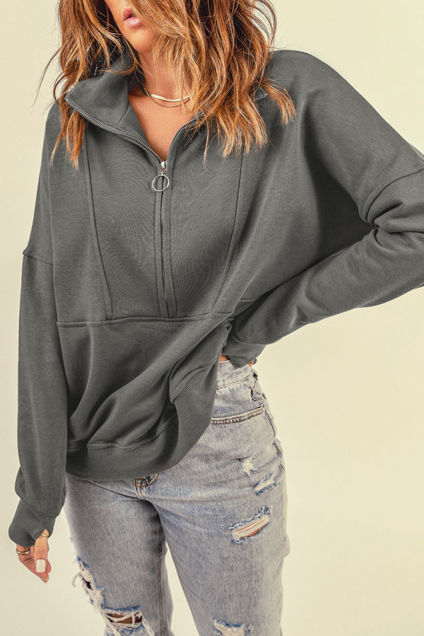 Dark Gray Solid Color Zip Collar Sweatshirt with Pockets