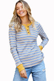Striped Knit Button Neck Long Sleeve Top