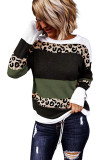 Green Crewneck Leopard Color Block Knit Pullover Sweater