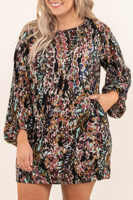 Blackish Plant Print Balloon Sleeve Curvy Dress