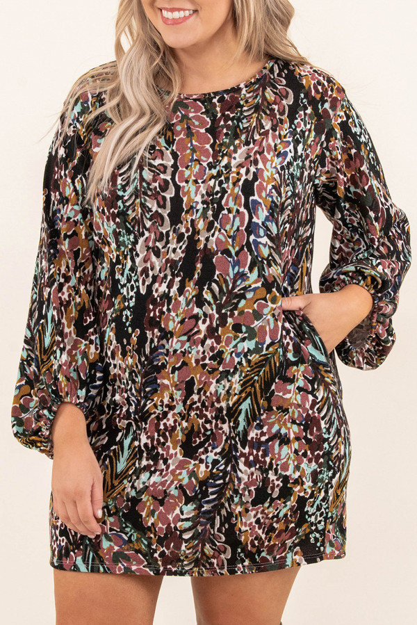Blackish Plant Print Balloon Sleeve Curvy Dress