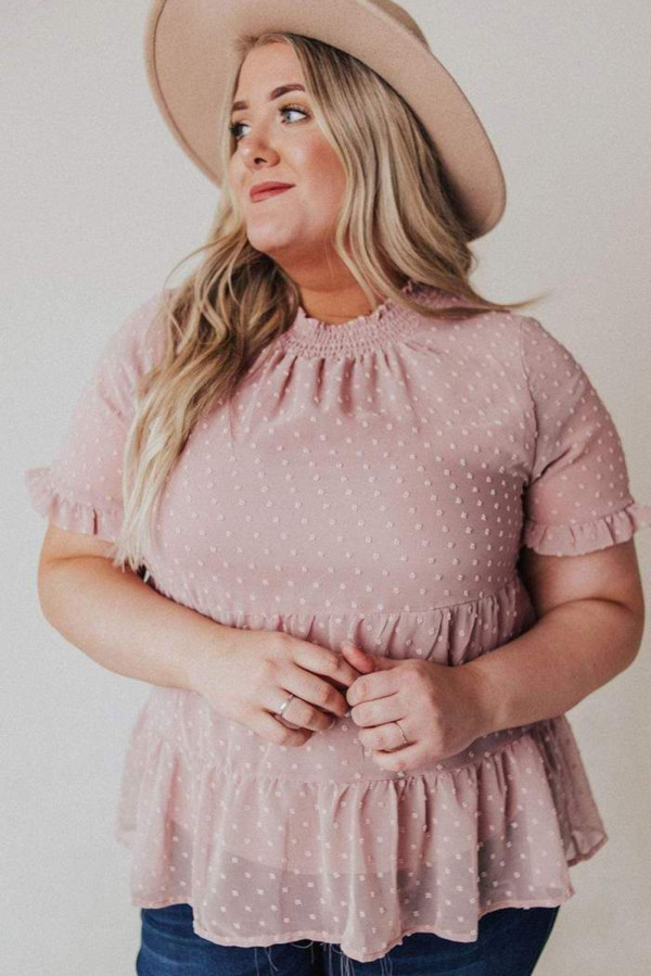 Plus Size Mock Neck Swiss Dot Ruffled Short Sleeve Top