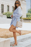 Sky Blue Pleated Ruffled Tie Waist Buttons V Neck Romper