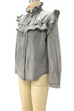 Frilled Collar Ruffle Button Closure Denim Blouse Top Women UNISHE Wholesale