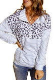 Leopard Splicing Zipper Collar Striped Sweatshirt