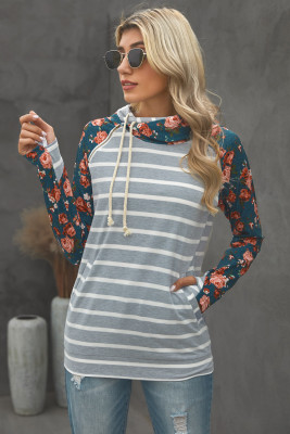 Gray Striped Floral Print Long Sleeve Zipper Hoodie