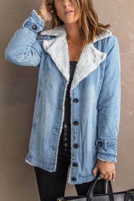 Sky Blue Lapel Collar Button Fleece Jacket