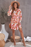 Multicolor Floral V Neck Long Sleeve Tie Waist Mini Dress