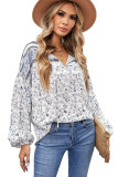 Sky Blue Floral Print Drawstring Loose Puff Sleeve Shirt