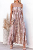 Multicolor Floral Print Frill Trim Smocked Spaghetti Strap Maxi Dress