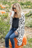 White Leopard Print Open Front Pocketed Cardigan