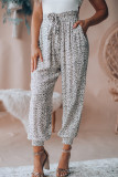 White Smocked Waist Leopard Print Casual Jogger Pants