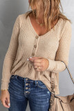 Buttoned V Neck Ruffle Waffle Long Sleeve Knit Top