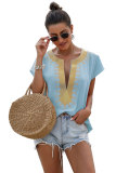 Sky Blue Short Sleeve Printed Neck Shift Blouse