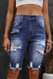 Blue Ripped Tassel Bermuda Jean Shorts