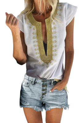 White Short Sleeve Printed Neck Shift Blouse
