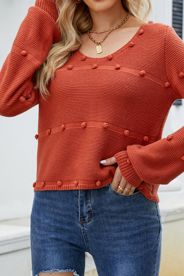 Plain U Neck Cute Cord Ball Sew In Knit Sweaters