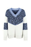 Leopard Splicing V Neck Long Sleeve Knit Sweater