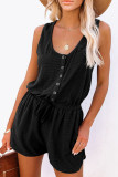 Black Buttons Drawstring Elastic Waist Sleeveless Romper