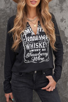 Black Split Neck Letter Print Pullover Long Sleeve Top