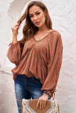 Brown Swiss Dot Lace-up V Neck Long Sleeve Top