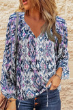 Blue Vintage Print Split Neck Blouse