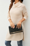 Crochet Knit High Neck Split Long Length Sweaters