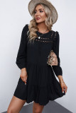Black Crewneck Lantern Sleeve Hollow-Out Tiered Dress with Pocket