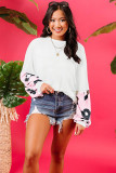 Pink Leopard Splicing Waffle Knit Puff Sleeve Blouse