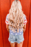 Blue Striped Sleeve Stars Print V Neck Tee