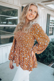 Orange Floral Print Shirred Long Sleeve V Neck Blouse
