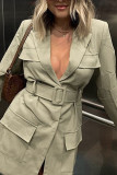 Plain Lapel Collar Open Pockets Jacket