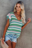 Green Striped Ruffle Short Sleeve Knit Top