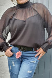 Black Sheer Ruffled Puff Sleeves Blouse