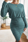 Sky Blue Crewneck Long Sleeve Shirred Split Bodycon Dress