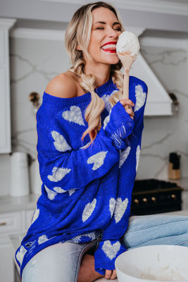 Blue Heart Shape Print Hollow Out Sweaters
