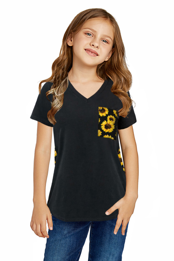 Black V Neck Sunflower Splicing Kid Tee