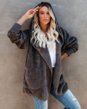 Hooded Plush Wool Coat With Pockets