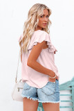 Pink Lace Splicing Ruffled Short Sleeve T-shirt