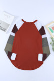 Color Block Long Sleeves Burgundy Pullover Top