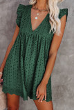 Green V Neck Ruffled Sleeves Perforating Babydoll Dress