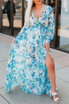 Sky Blue Wrap V Neck Floral Maxi Dress