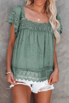 Green Lace Pom Pom Splicing Square Neck Blouse