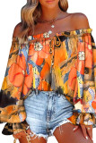 Orange Floral Print Drawstring Ruffled Off Shoulder Loose Blouse