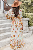 Yellow Leaf Print V Neck Puff Sleeve Maxi Dress
