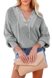Gray Henley V Neck Hooded Sweater