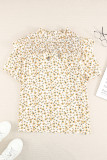 Yellow Floral Print Smocked Ruffled V Neck T-shirt