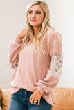 Pink Leopard Sequin Splicing Sleeves Textured Knit Top