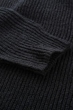 Black Zipper V-neck Dropped Sleeve Hooded Solid Sweater