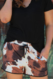 Cow Print Straight Leg Drawstring Mid Waist Shorts